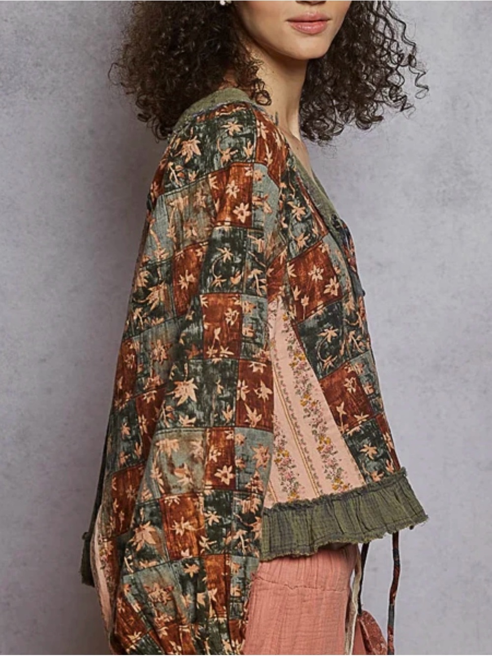 POL Patchwork Lace-Up Peasant Tunic with Rust and Gray trim - Picture 8 of 8